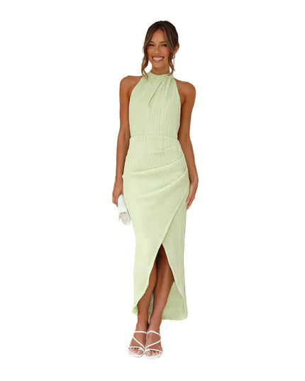 Women’s Halter Midi Dress with Ruched Waist and Front Slit