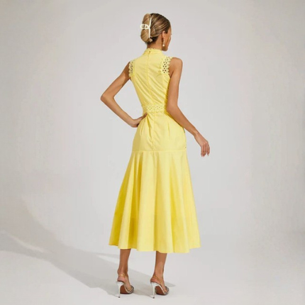 Women’s High Neck Midi Dress with Openwork Trim