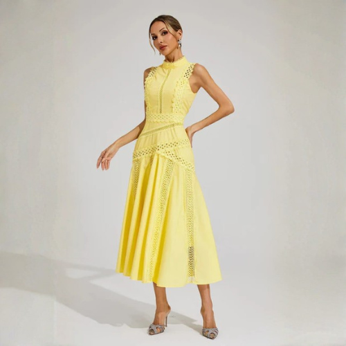 Women’s High Neck Midi Dress with Openwork Trim