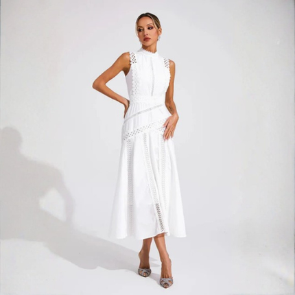 Women’s High Neck Midi Dress with Openwork Trim