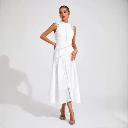 Women’s High Neck Midi Dress with Openwork Trim