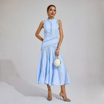 Women’s High Neck Midi Dress with Openwork Trim