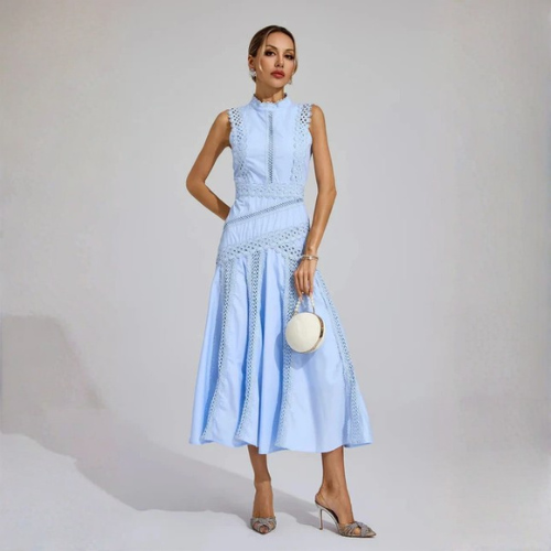 Women’s High Neck Midi Dress with Openwork Trim