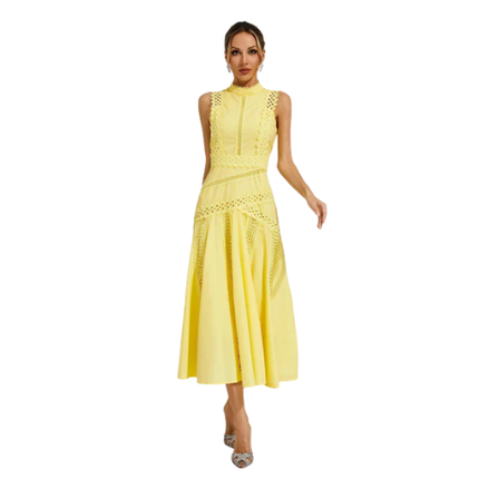 Women’s High Neck Midi Dress with Openwork Trim