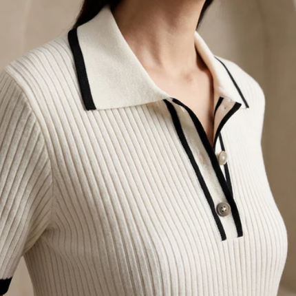 Women’s Ribbed Knit Polo Top with Contrast Trim