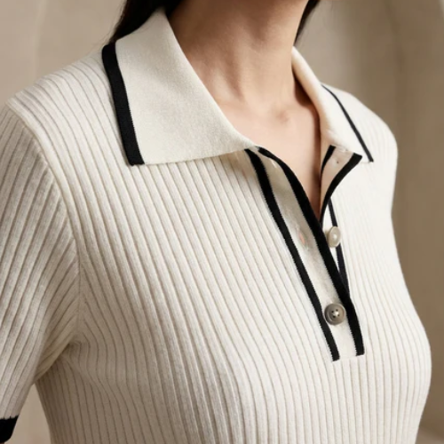 Women’s Ribbed Knit Polo Top with Contrast Trim
