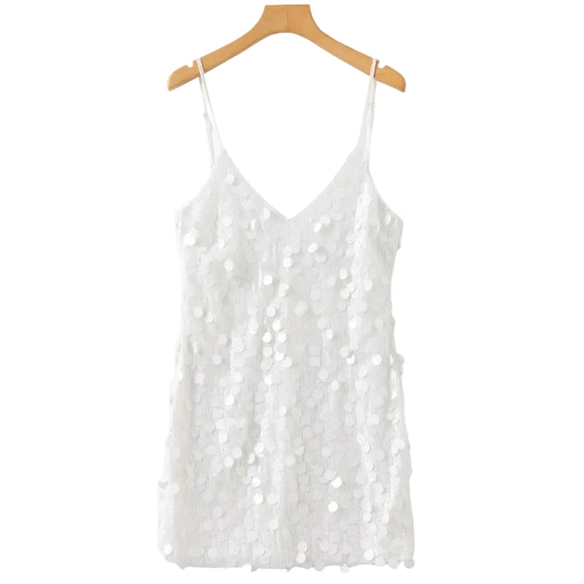 Women’s Sequin Mini Dress with V-Neck and Thin Straps
