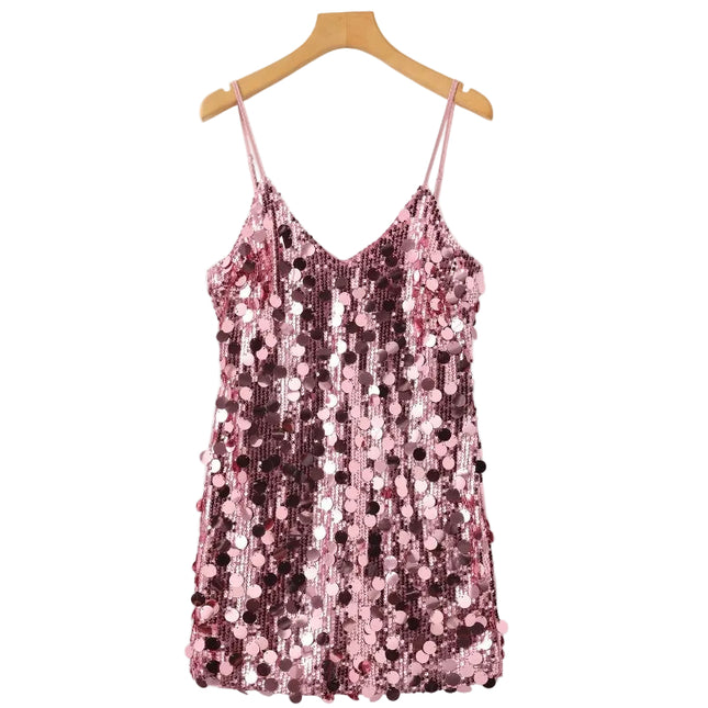 Women’s Sequin Mini Dress with V-Neck and Thin Straps