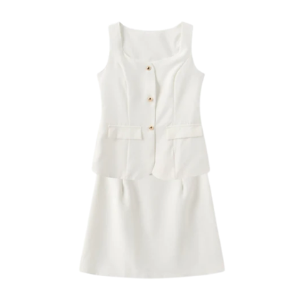 Women’s Sleeveless Mini Dress Set with Button Vest and Skirt