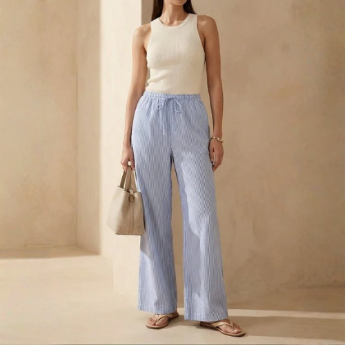 Women’s Striped Drawstring Wide-Leg Pants