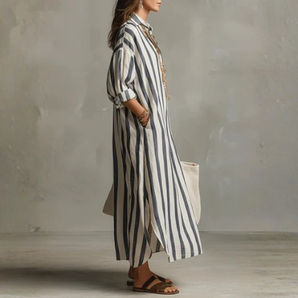 Women’s Striped Maxi Shirt Dress with Button Front