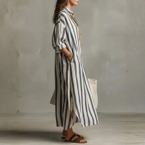 Women’s Striped Maxi Shirt Dress with Button Front