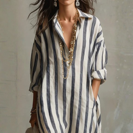 Women’s Striped Maxi Shirt Dress with Button Front