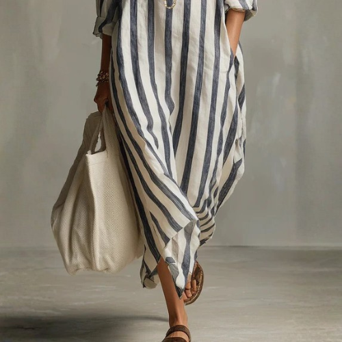 Women’s Striped Maxi Shirt Dress with Button Front