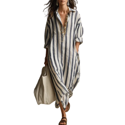 Women’s Striped Maxi Shirt Dress with Button Front