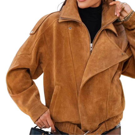 Women’s Zip-Up Bomber Jacket with Wide Collar