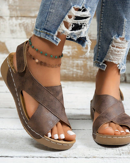 Women's Criss-Cross Wedge Sandals with Cutout Vamp
