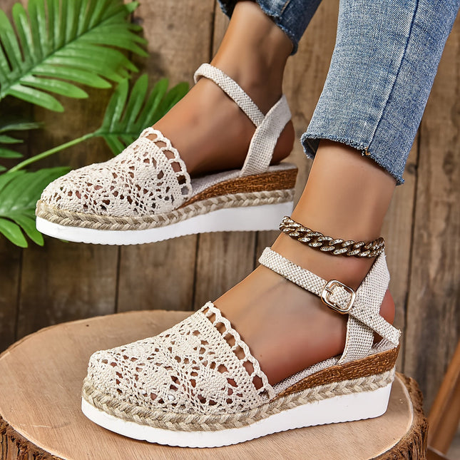 Women's Crochet Flatform Sandals with Ankle Strap
