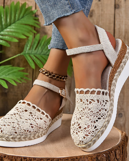 Women's Crochet Flatform Sandals with Ankle Strap