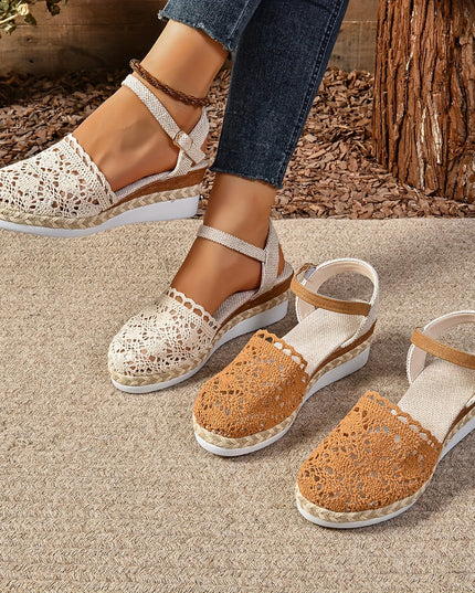 Women's Crochet Flatform Sandals with Ankle Strap