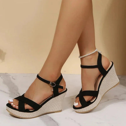 Women's Cross-Strap Wedge Sandals with Ankle Buckle