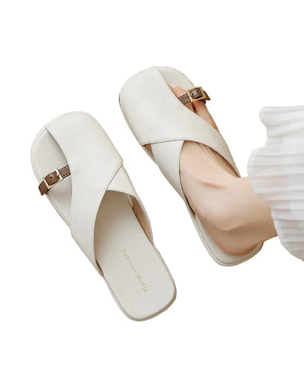 Women's Open Toe Crossover Strap Flat Sandals with Side Buckle