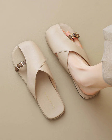 Women's Open Toe Crossover Strap Flat Sandals with Side Buckle