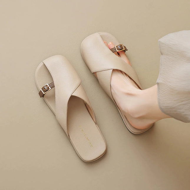Women's Open Toe Crossover Strap Flat Sandals with Side Buckle