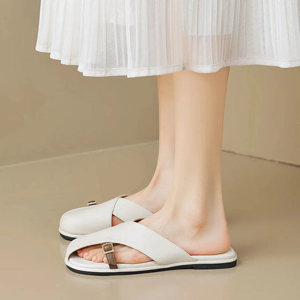 Women's Open Toe Crossover Strap Flat Sandals with Side Buckle