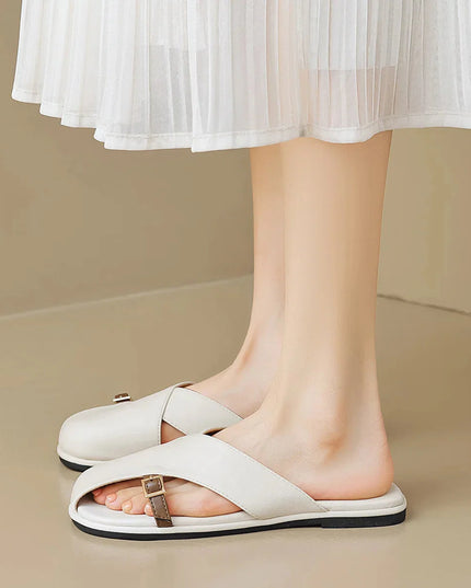 Women's Open Toe Crossover Strap Flat Sandals with Side Buckle