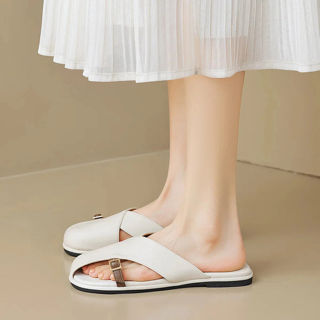 Women's Open Toe Crossover Strap Flat Sandals with Side Buckle