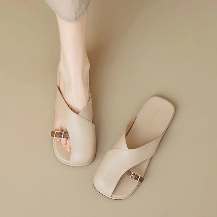 Women's Open Toe Crossover Strap Flat Sandals with Side Buckle