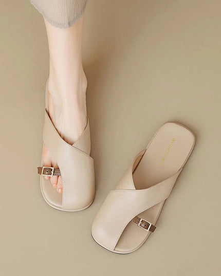 Women's Open Toe Crossover Strap Flat Sandals with Side Buckle