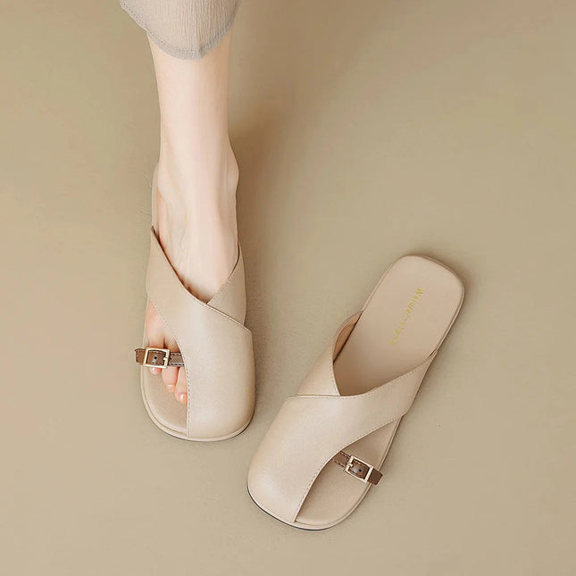 Women's Open Toe Crossover Strap Flat Sandals with Side Buckle