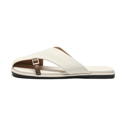 Women's Open Toe Crossover Strap Flat Sandals with Side Buckle