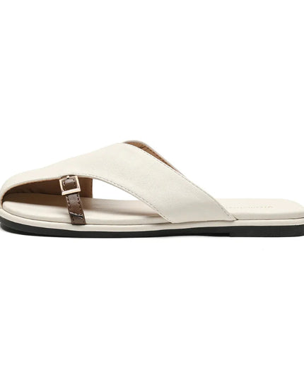 Women's Open Toe Crossover Strap Flat Sandals with Side Buckle