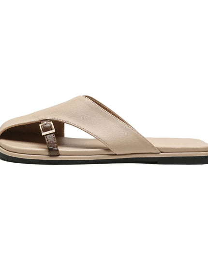 Women's Open Toe Crossover Strap Flat Sandals with Side Buckle