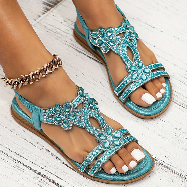 Women's Open-Toe Flat Sandals with Rhinestone and Gemstone Embellished T-Strap