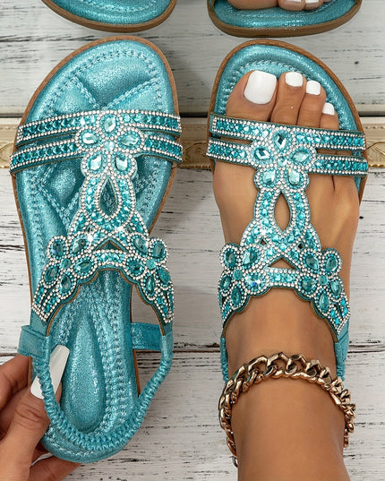 Women's Open-Toe Flat Sandals with Rhinestone and Gemstone Embellished T-Strap