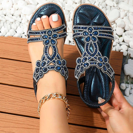 Women's Open-Toe Flat Sandals with Rhinestone and Gemstone Embellished T-Strap