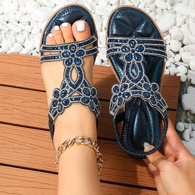 Women's Open-Toe Flat Sandals with Rhinestone and Gemstone Embellished T-Strap
