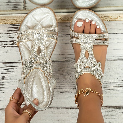 Women's Open-Toe Flat Sandals with Rhinestone and Gemstone Embellished T-Strap