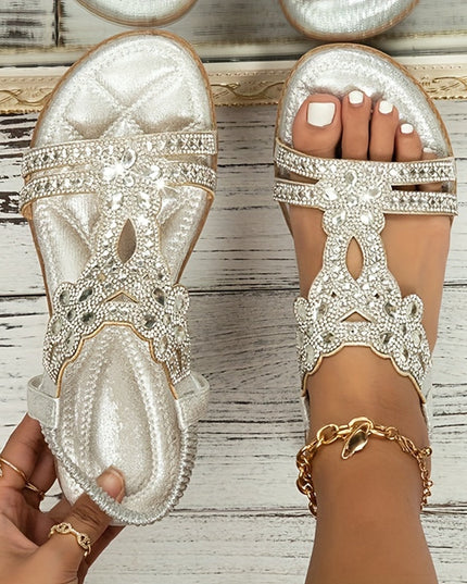 Women's Open-Toe Flat Sandals with Rhinestone and Gemstone Embellished T-Strap