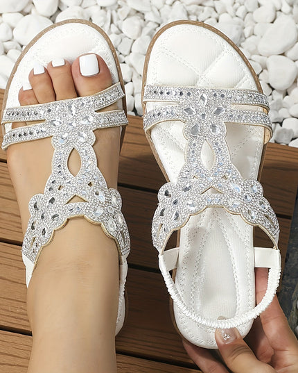 Women's Open-Toe Flat Sandals with Rhinestone and Gemstone Embellished T-Strap