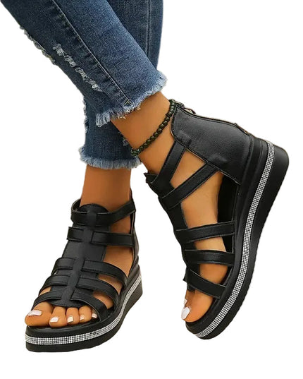 Women's Open-Toe Gladiator Flatform Sandals with Rhinestone Midsole Trim