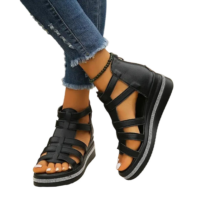 Women's Open-Toe Gladiator Flatform Sandals with Rhinestone Midsole Trim