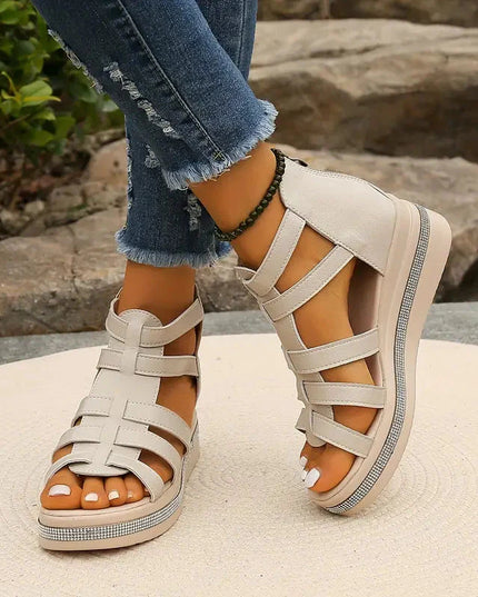 Women's Open-Toe Gladiator Flatform Sandals with Rhinestone Midsole Trim