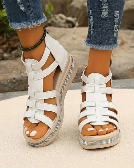 Women's Open-Toe Gladiator Flatform Sandals with Rhinestone Midsole Trim