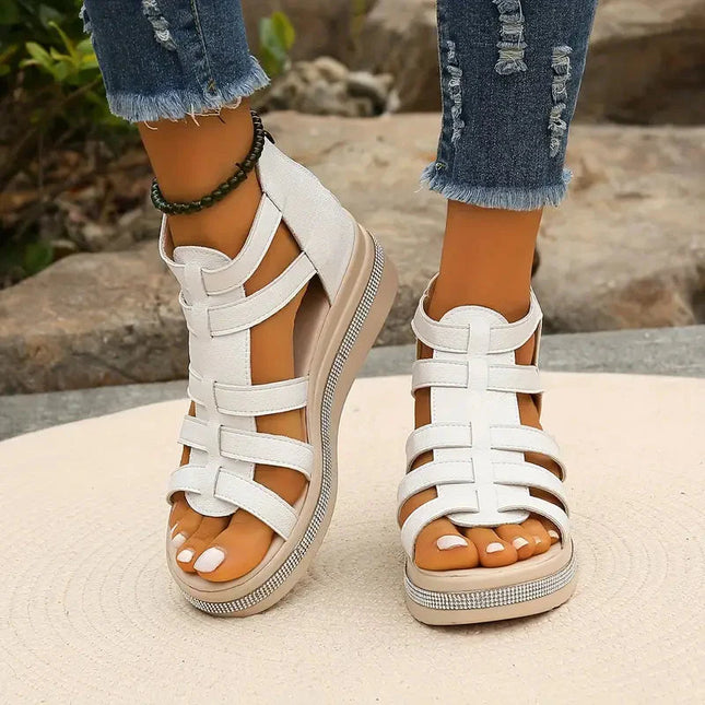 Women's Open-Toe Gladiator Flatform Sandals with Rhinestone Midsole Trim