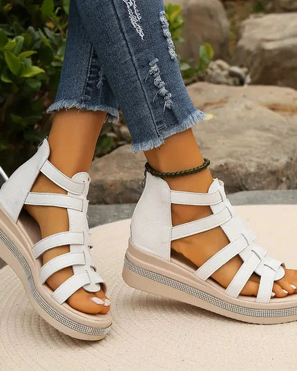 Women's Open-Toe Gladiator Flatform Sandals with Rhinestone Midsole Trim